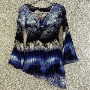 Melissa Paige Tops Womens Small Blue Snake Print Sheer Asymmetrical Bell Sleeve